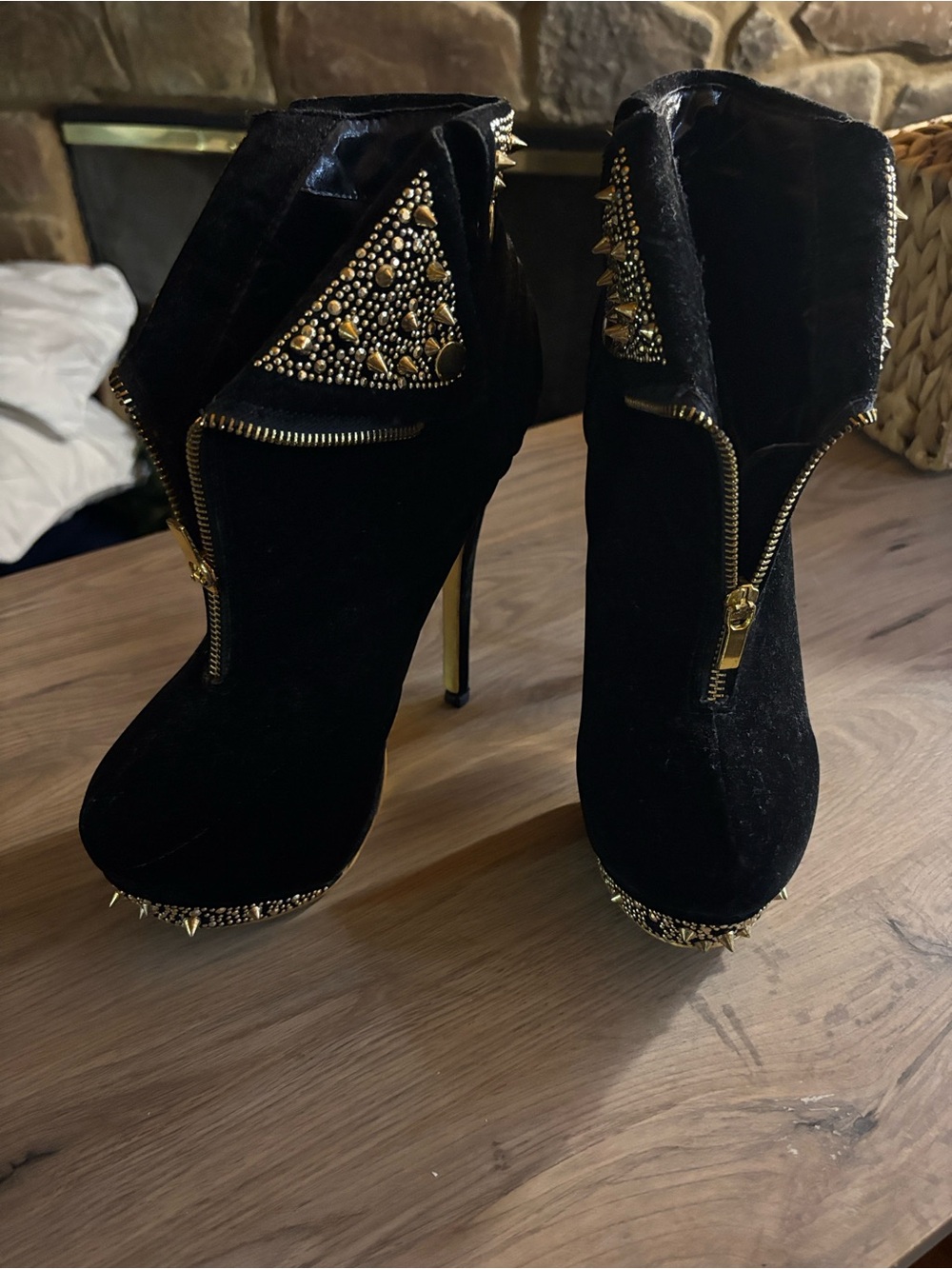 Alba Black Velvet Studded Platform Ankle Boots with Gold Accents - Picture 3 of 7
